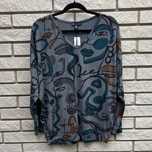 Carre Noir Abstract Face Print V-Neck Sweater Grey/Black/Teal SzM